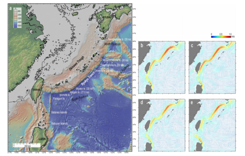 Topography of the study area with the estimated coastlines 35,000–32,000 years ago