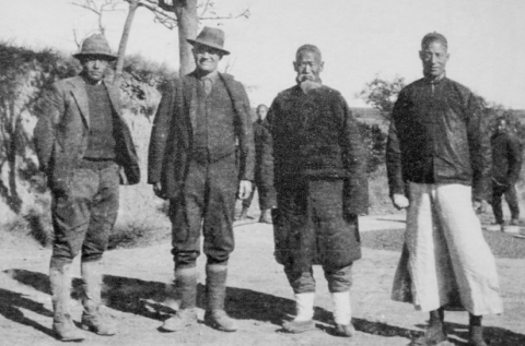 Chinese geologist Yuan Fuli; Johan Gunnar Andersson; the head of Yangshao village, surnamed Wang; and a Chinese missionary, also surnamed Wang, in Yangshao Village, Henan province
