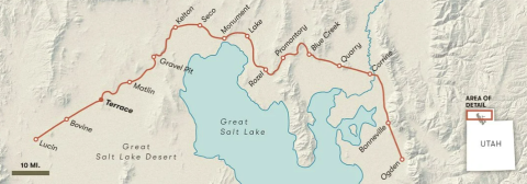 A critical section of the transcontinental railroad is shown in red. 